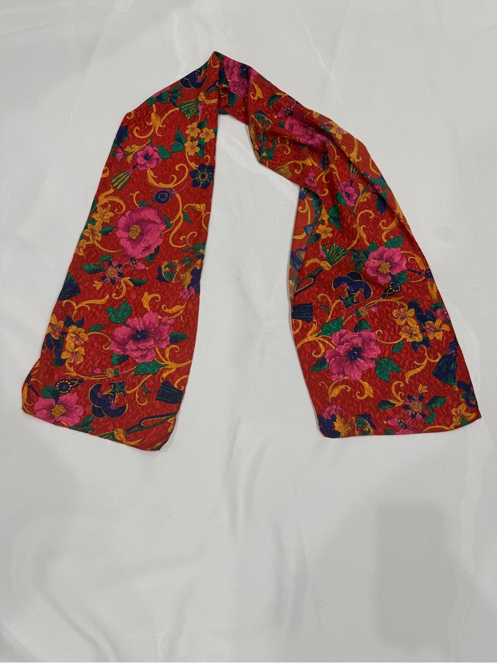 Vintage Silk Scarf Red Floral 10” x 58” Rectangle Preowned